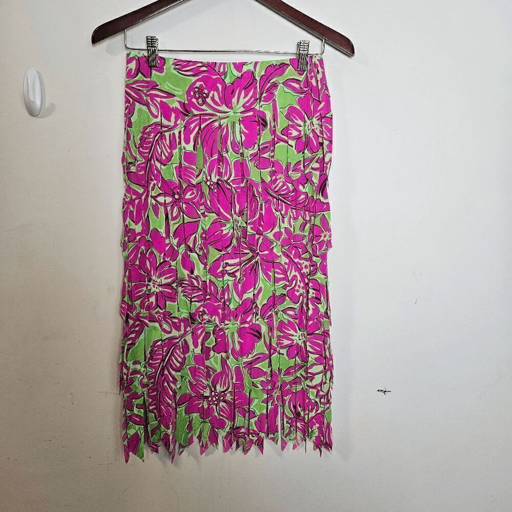 Tadashi Fringed Floral Tieres Strapless Mini Dress Women Tropical Pink/Green Si